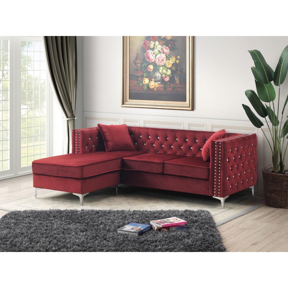 Paige 87 in. Burgundy Velvet L-Shape 3-Seater Sofa with 2-Throw Pillow. Picture 5