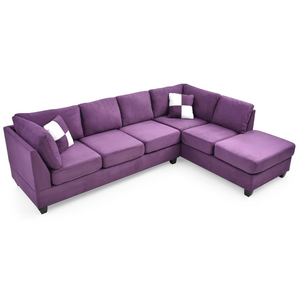 Malone 111 in. Purple Suede 4-Seater Sectional Sofa with 2-Throw Pillow. Picture 3