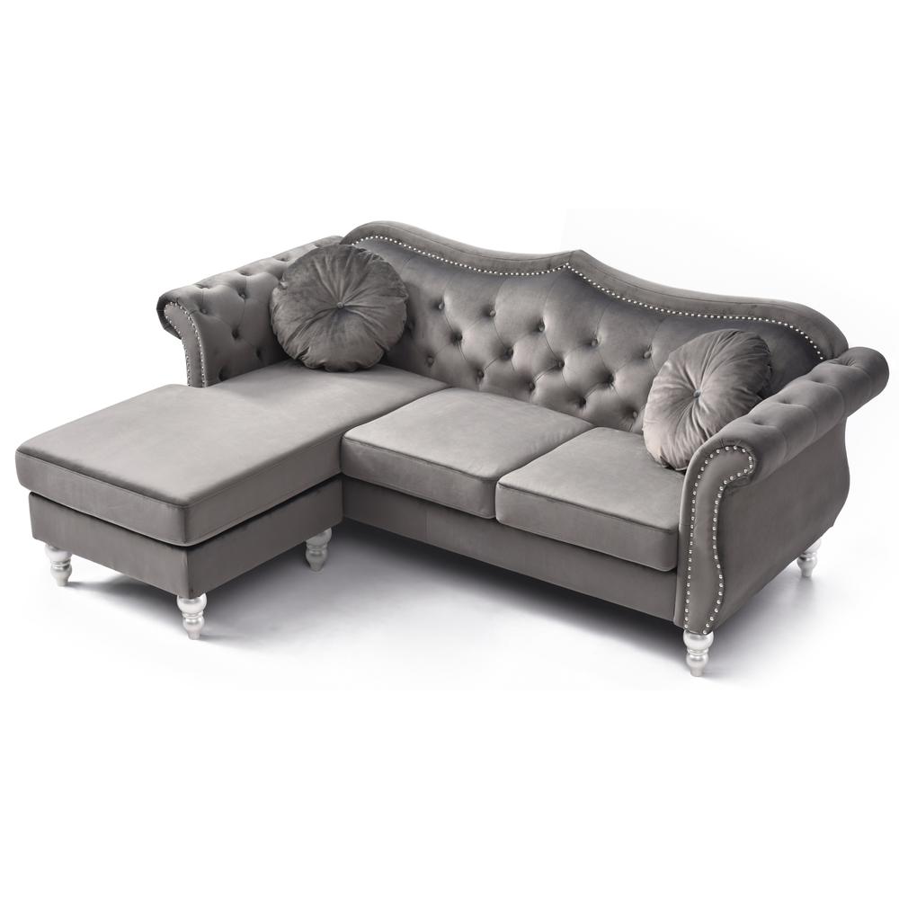 Hollywood 81 in. Dark Gray Velvet Chesterfield Sectional Sofa with 2-Throw Pillow. Picture 3