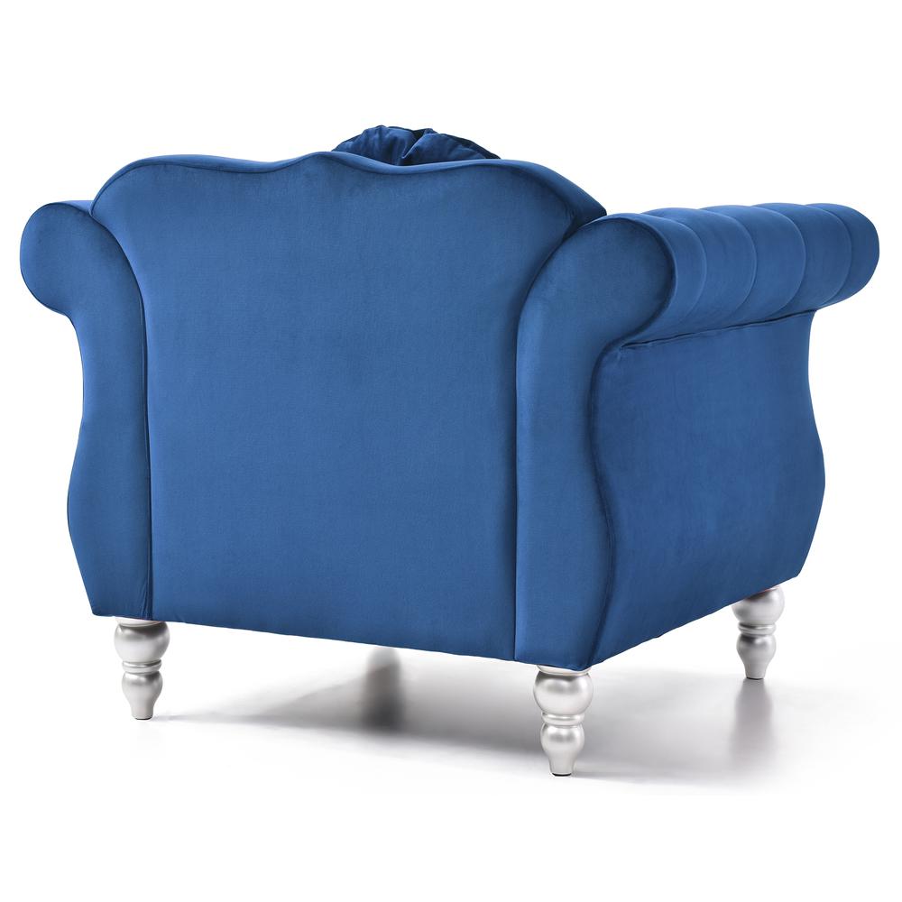 Hollywood Navy Blue Chesterfield Tufted Velvet Accent Chair with Round Throw Pillow. Picture 4