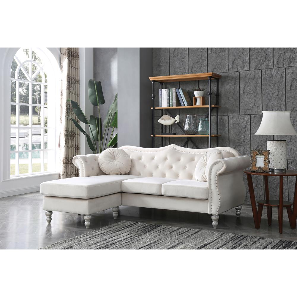 Hollywood 81 in. Ivory Velvet Chesterfield Sectional Sofa with 2-Throw Pillow. Picture 5