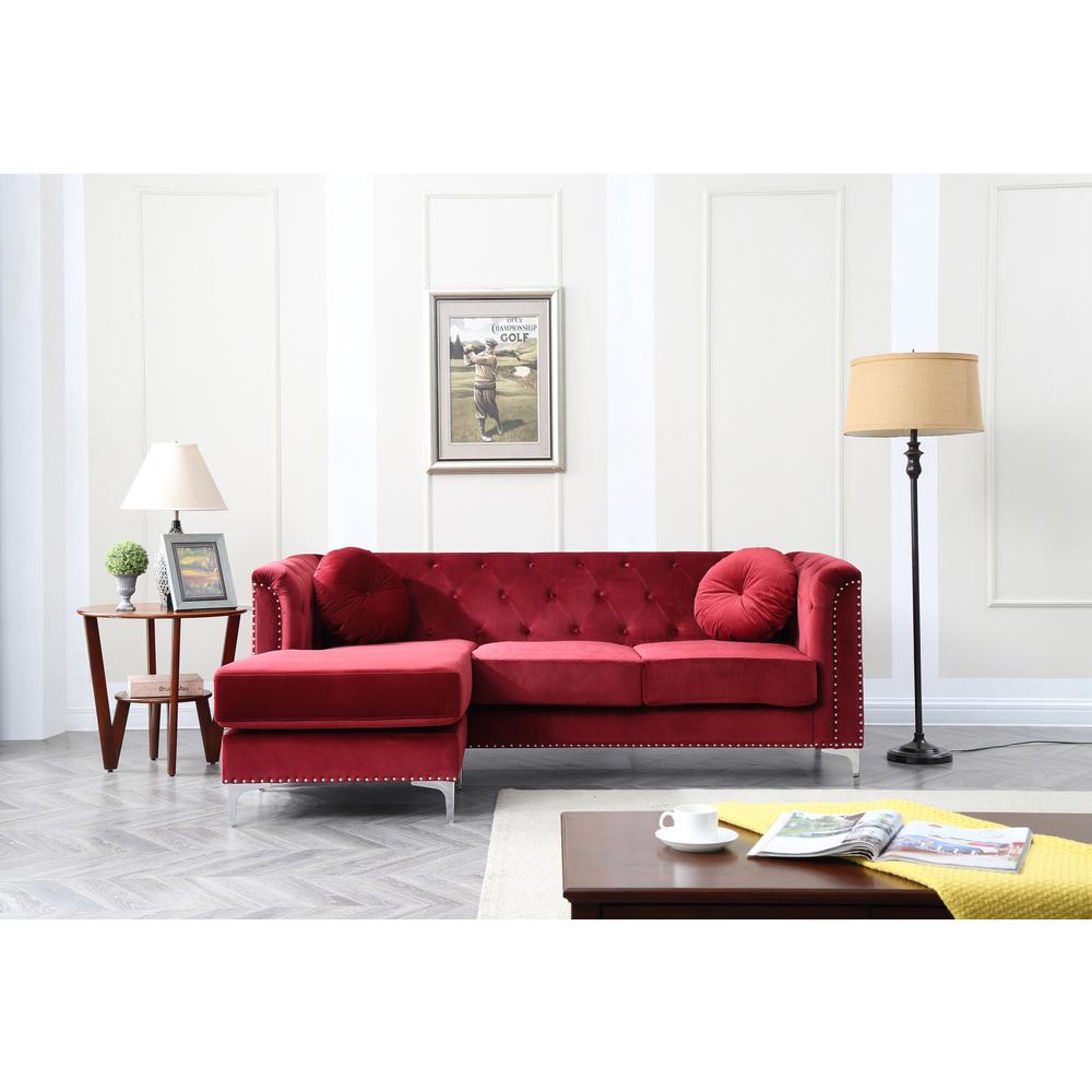 Pompano 83 in. Burgundy Tufted Velvet Sectional with 2-Throw Pillow. Picture 4