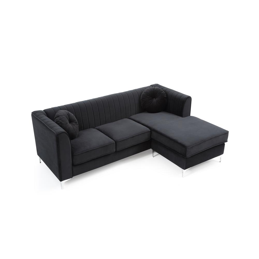 Delray 87 in. Black Velvet L-Shape 3-Seater Sectional Sofa with 2-Throw Pillow. Picture 3