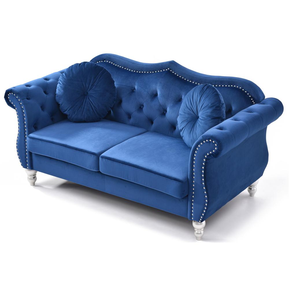 Hollywood 68 in. Navy Blue Velvet Chesterfield Loveseat with 2-Throw Pillow. Picture 3