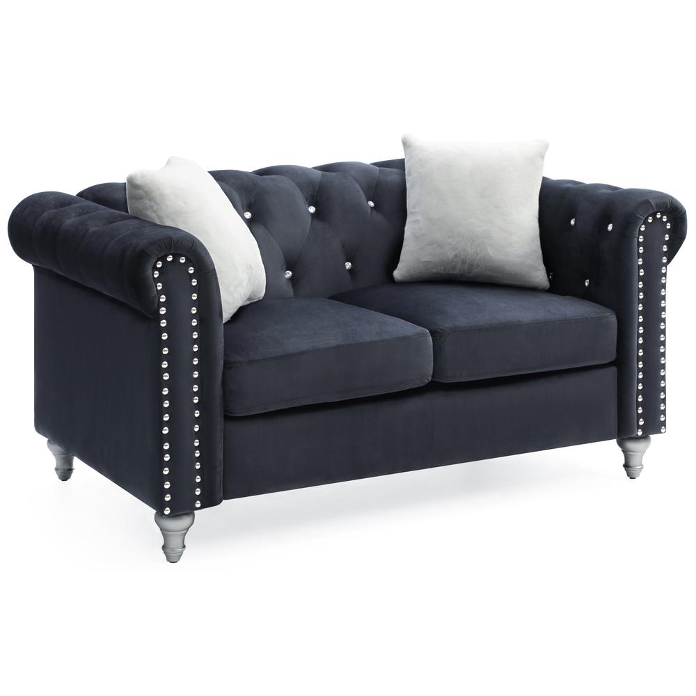 Raisa 60 in. Black Velvet 2-Seater Sofa with 2-Throw Pillow. Picture 2