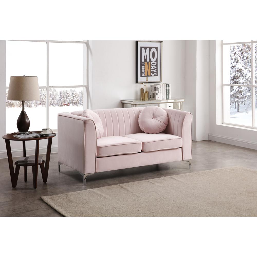 Delray 65 in. Pink Tuxedo Arm Velvet Loveseat with 2-Throw Pillow. Picture 5