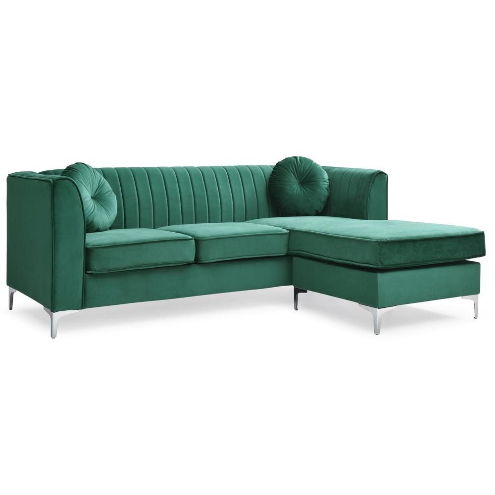 Delray 87 in. Green Velvet L-Shape 3-Seater Sectional Sofa with 2-Throw Pillow. Picture 1