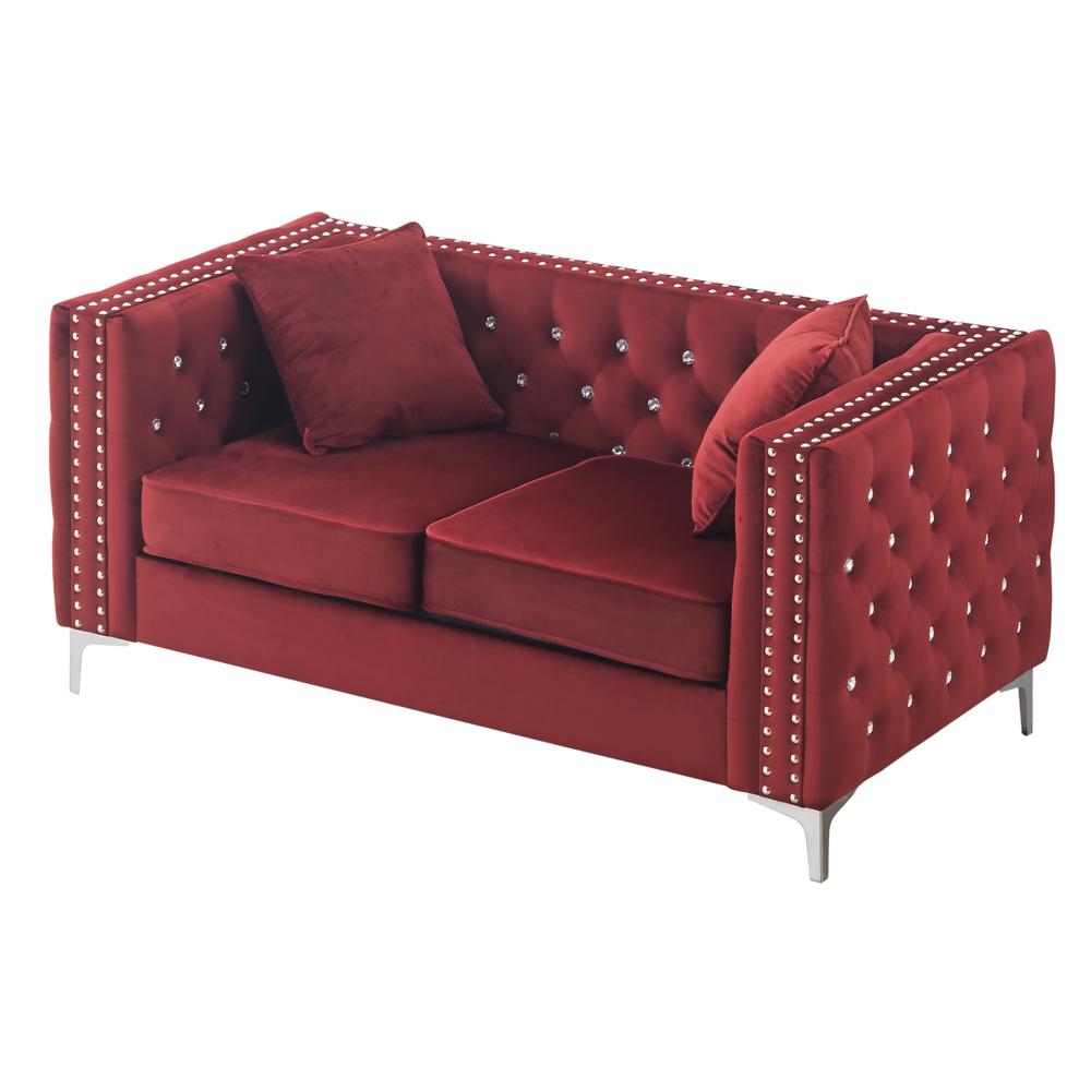 Paige 63 in. Burgundy Velvet 2-Seater Sofa with 2-Throw Pillow. Picture 2