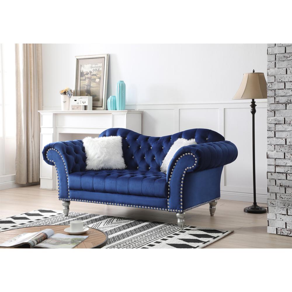 Wilshire 75 in. Blue Velvet 3-Seater Sofa with 2-Throw Pillow. Picture 5