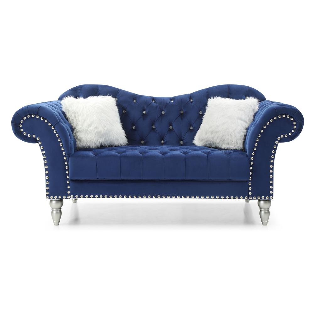 Wilshire 75 in. Blue Velvet 3-Seater Sofa with 2-Throw Pillow. Picture 2