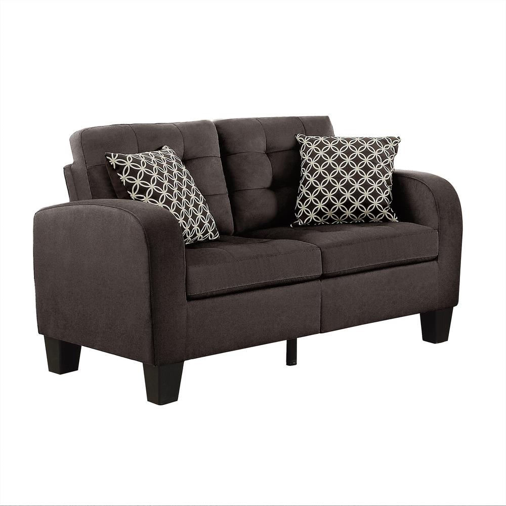 Forte 56.75 in. W Round Arm Fabric Straight Armrests 2 Pillows Loveseat in Chocolate. Picture 2