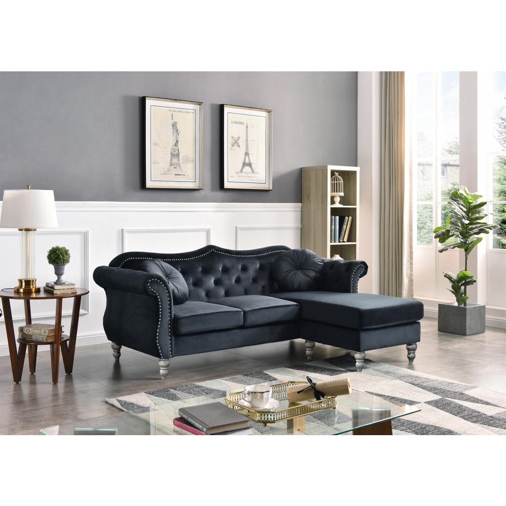 Hollywood 81 in. Black Velvet Chesterfield Sectional Sofa with 2-Throw Pillow. Picture 5