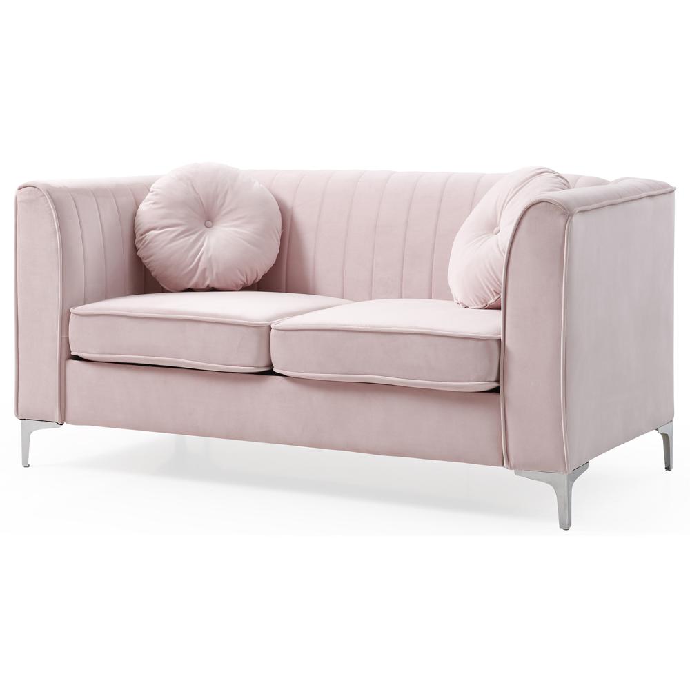 Delray 65 in. Pink Tuxedo Arm Velvet Loveseat with 2-Throw Pillow. Picture 1