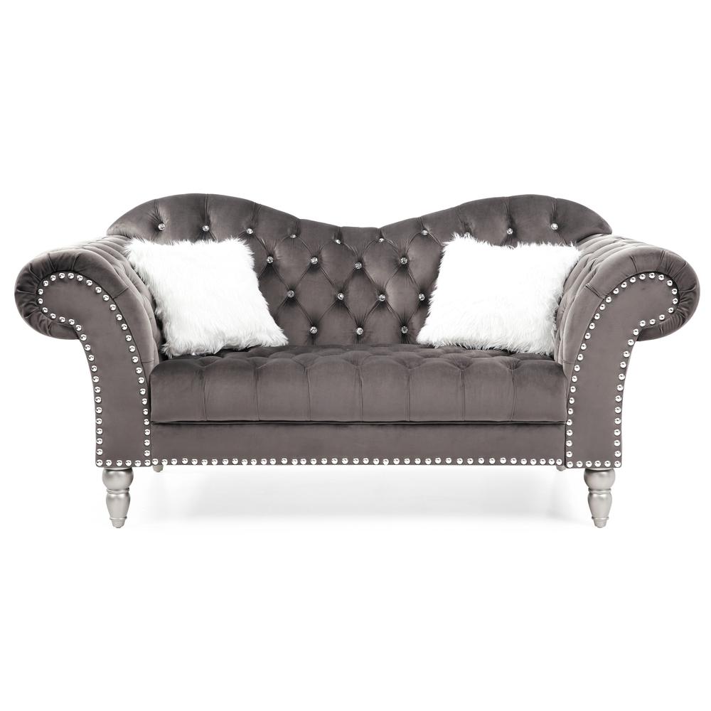 Wilshire 75 in. Dark Gray Velvet 3-Seater Sofa with 2-Throw Pillow. Picture 2