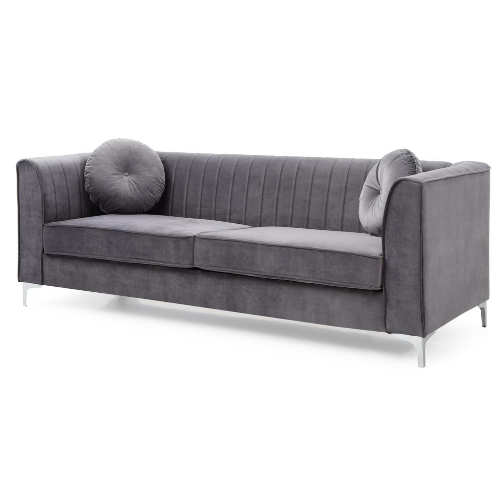 Delray 87 in. Gray Velvet 2-Seater Sofa with 2-Throw Pillow. Picture 1