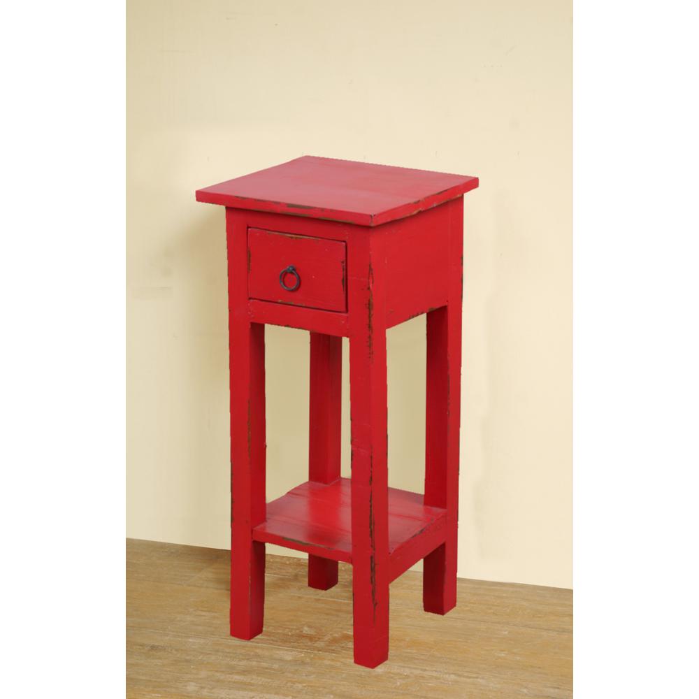 Shabby Chic Cottage 11.8 in. Light Distressed Red Square Solid Wood End Table with 1 Drawer. Picture 6