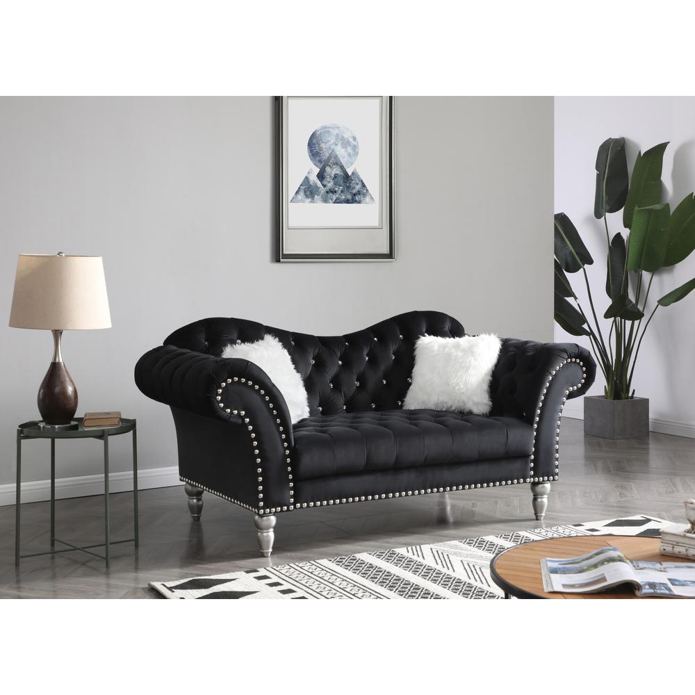 Wilshire 75 in. Black Velvet 3-Seater Sofa with 2-Throw Pillow. Picture 5