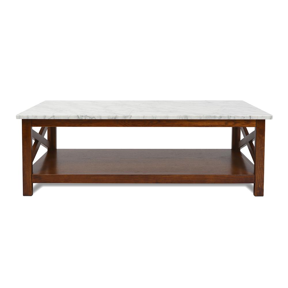 Agatha 44" Rectangular Italian Carrara White Marble Coffee Table with walnut color solid wood Legs. Picture 1