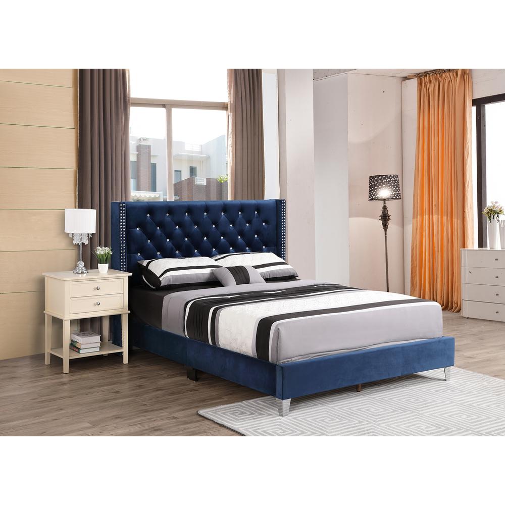 Julie Navy Blue Tufted Upholstered Low Profile Queen Panel Bed. Picture 7