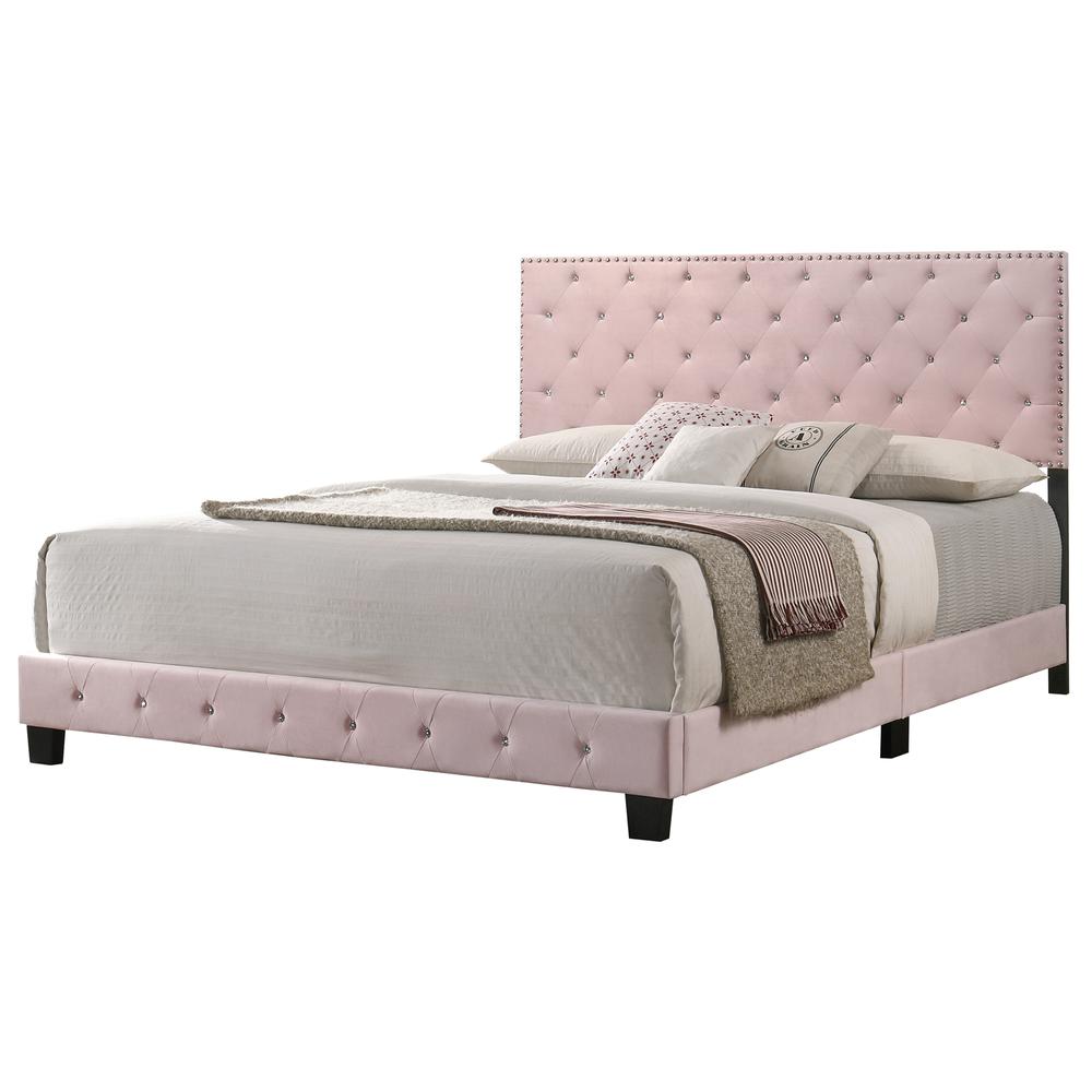 Suffolk Pink Tufted Velvet Upholstered King Panel Bed. Picture 1