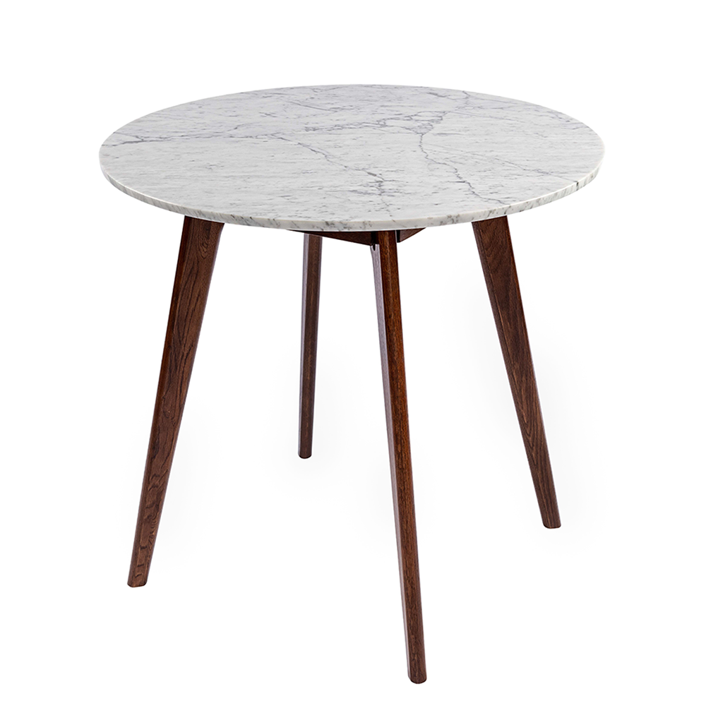 Avella 31" Round Italian Carrara White Marble Dining Table with Walnut Legs. Picture 2