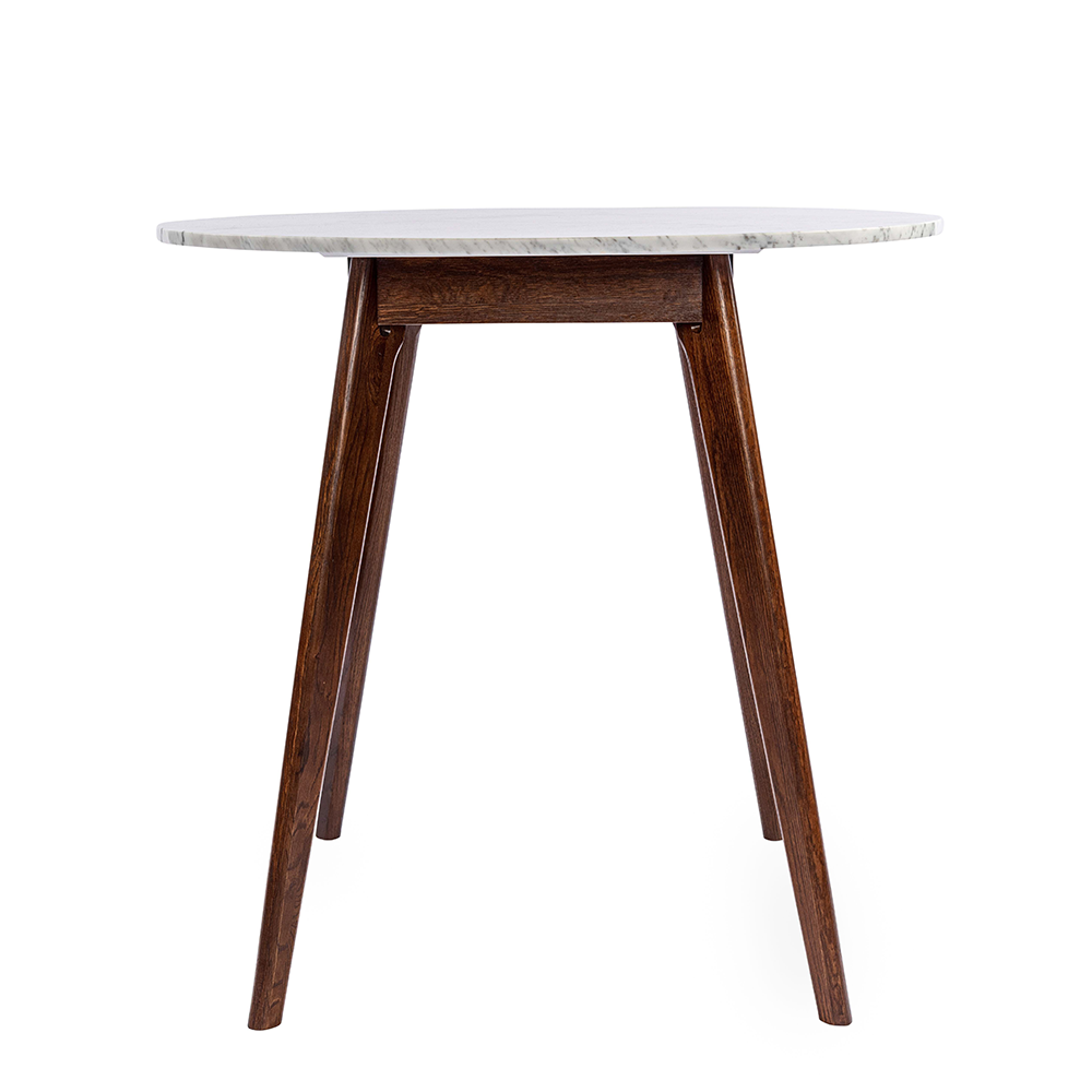 Avella 31" Round Italian Carrara White Marble Dining Table with Walnut Legs. Picture 1