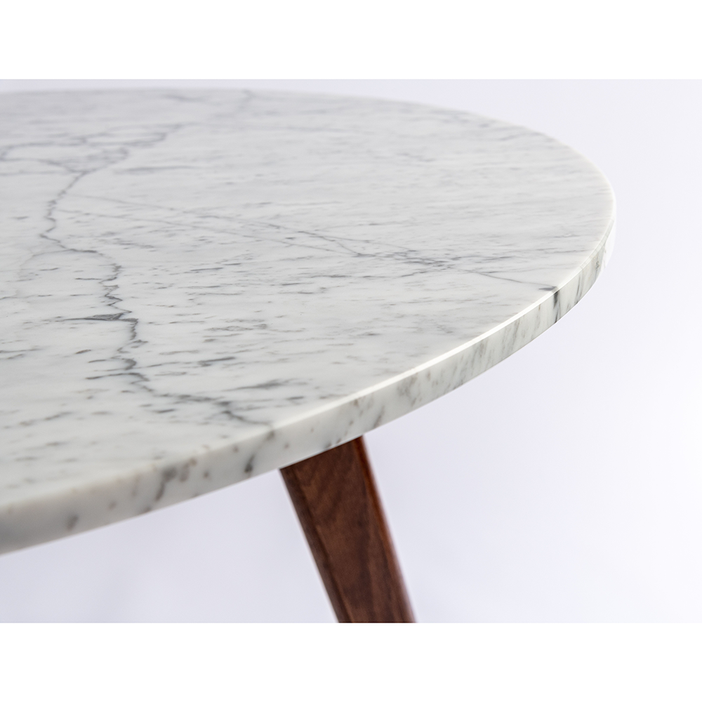 Avella 31" Round Italian Carrara White Marble Dining Table with Walnut Legs. Picture 3