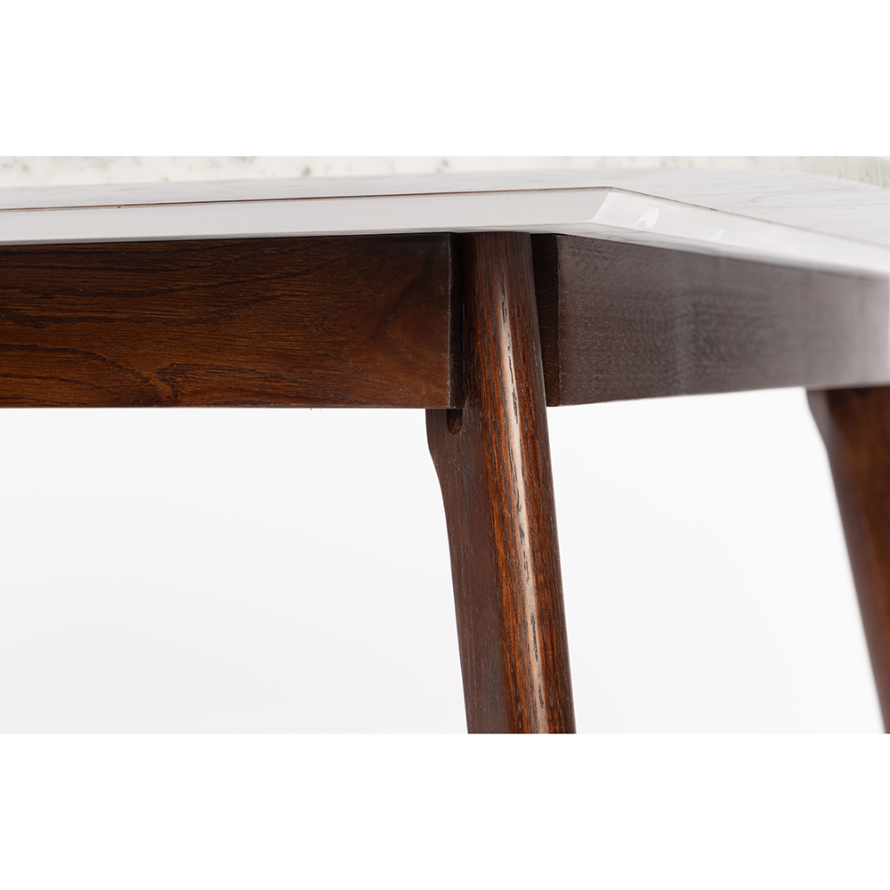 Avella 31" Round Italian Carrara White Marble Dining Table with Walnut Legs. Picture 6