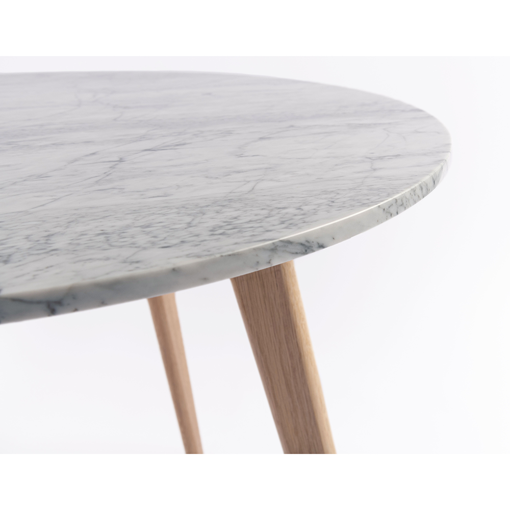 Avella 31" Round Italian Carrara White Marble Dining Table with Oak Legs. Picture 3