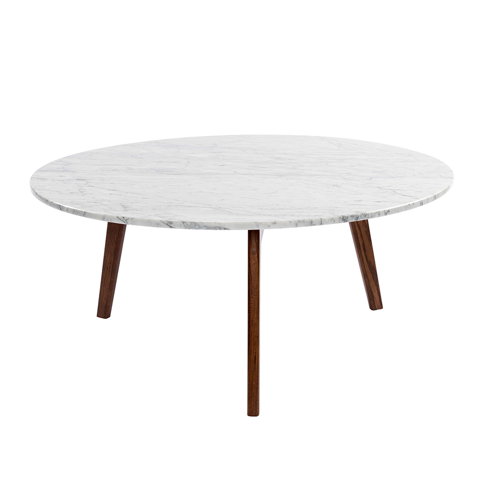 Stella 31" Round Italian Carrara White Marble Coffee Table with Walnut Legs. Picture 1