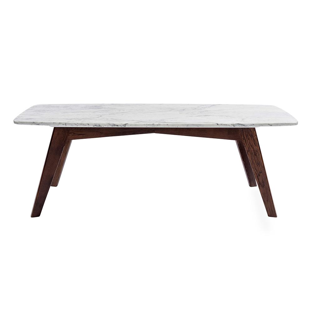 Faura 18" x 43.5" Rectangular Italian Carrara White Marble Coffee Table with Walnut Legs. Picture 1
