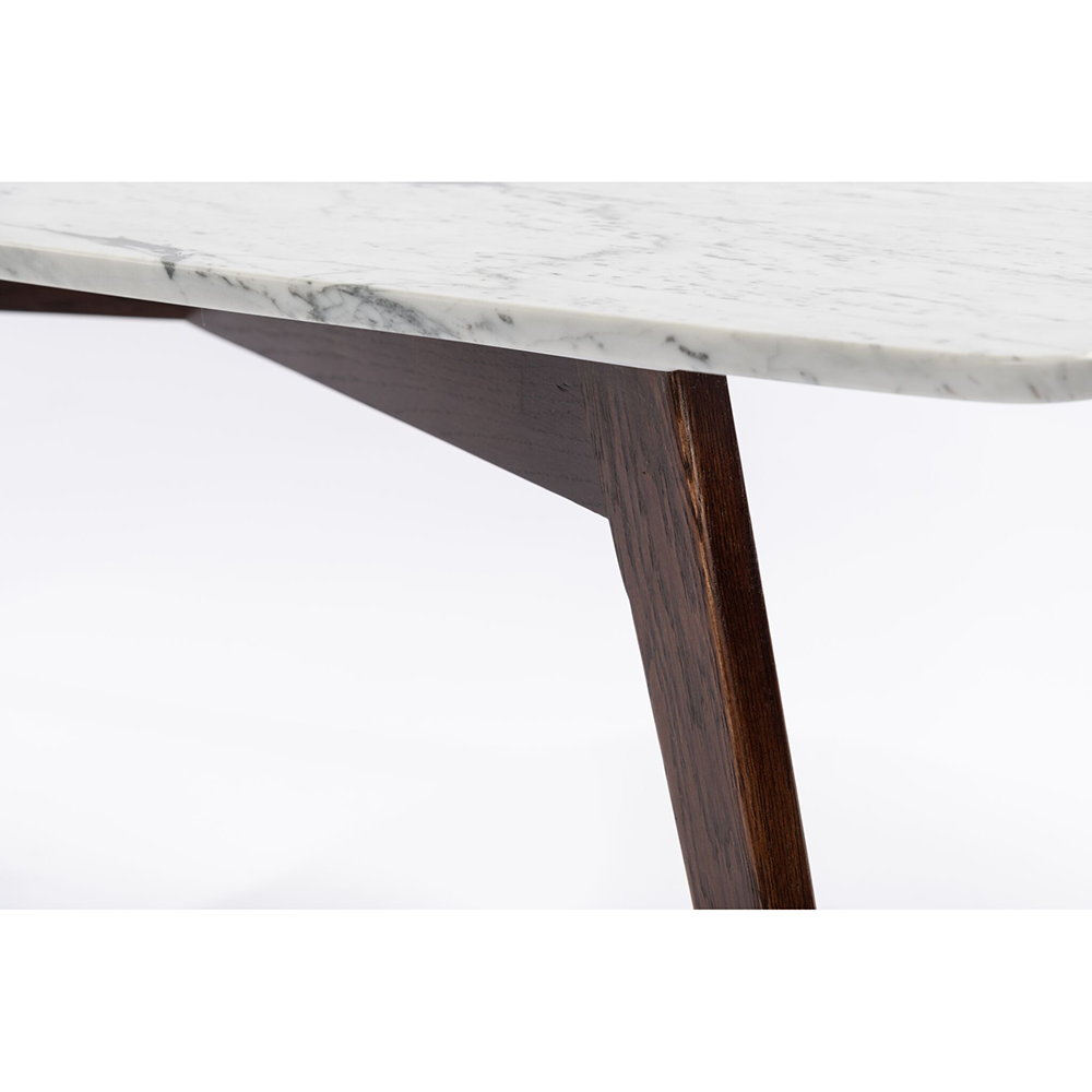 Faura 18" x 43.5" Rectangular Italian Carrara White Marble Coffee Table with Walnut Legs. Picture 2