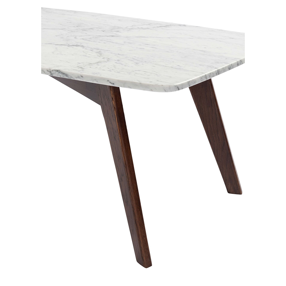 Faura 18" x 43.5" Rectangular Italian Carrara White Marble Coffee Table with Walnut Legs. Picture 3