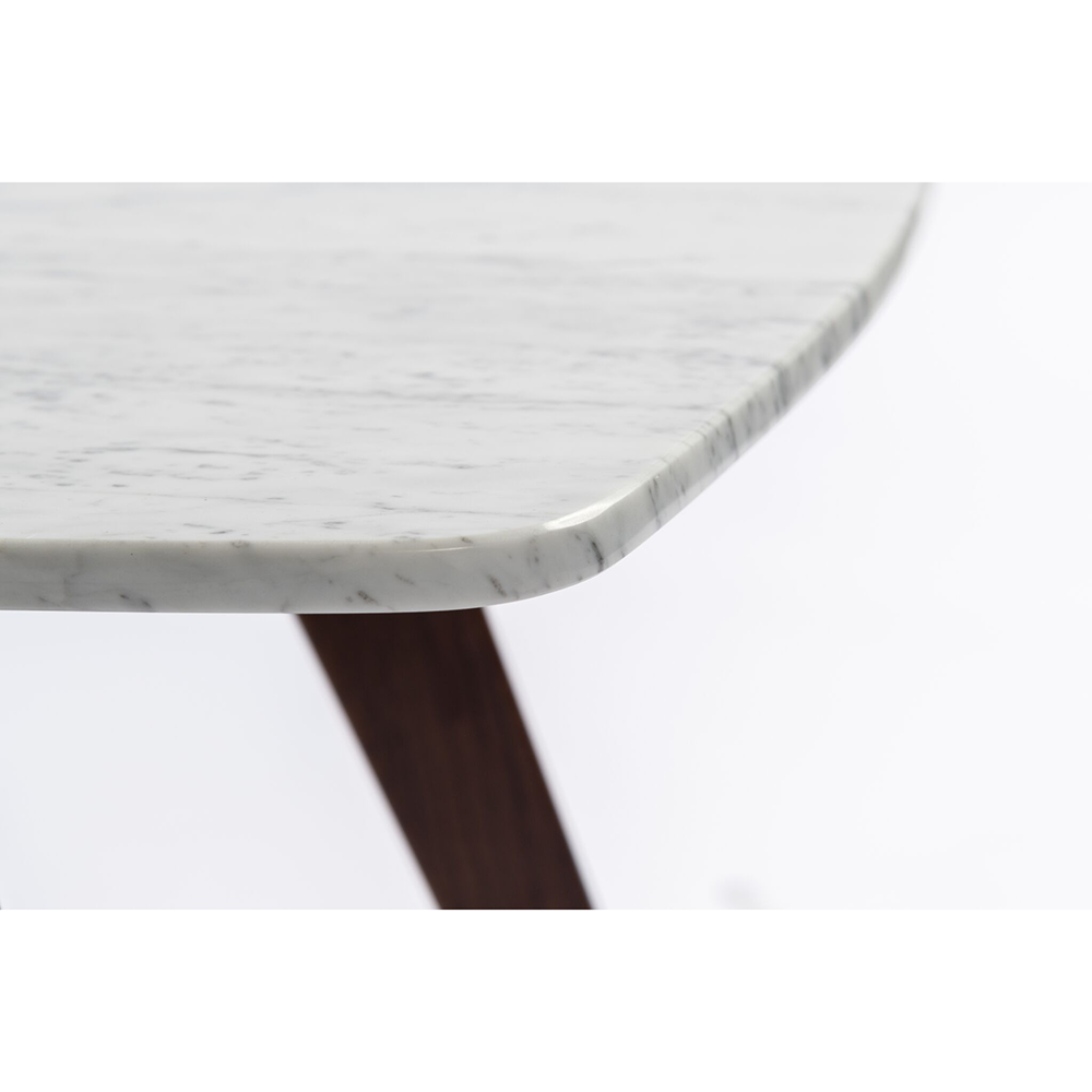 Faura 18" x 43.5" Rectangular Italian Carrara White Marble Coffee Table with Walnut Legs. Picture 4