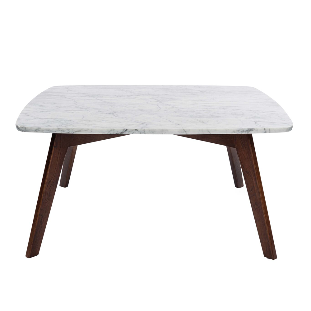 Vezzana 31" Square Italian Carrara White Marble Coffee Table with Walnut Legs. Picture 1