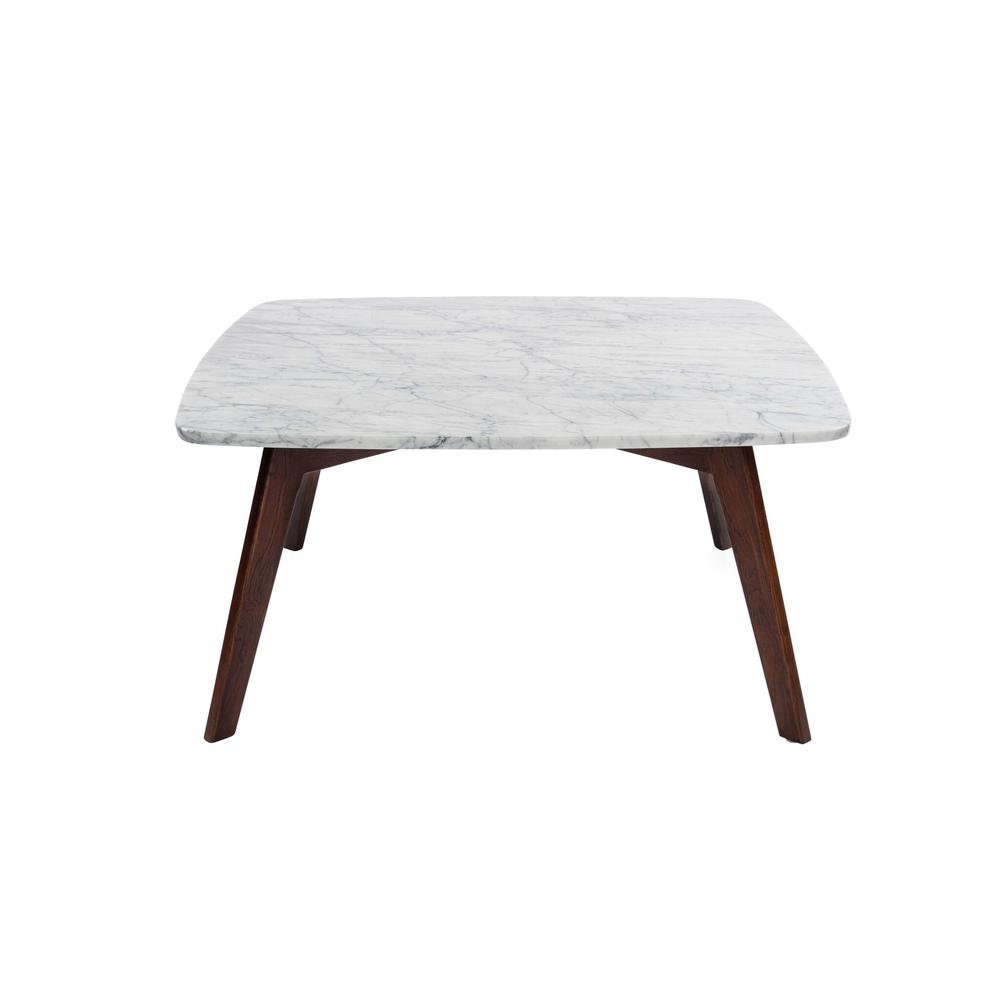 Vezzana 31" Square Italian Carrara White Marble Coffee Table with Walnut Legs. Picture 2