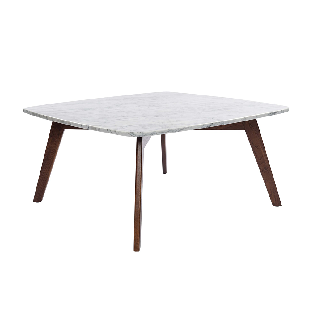 Vezzana 31" Square Italian Carrara White Marble Coffee Table with Walnut Legs. Picture 3