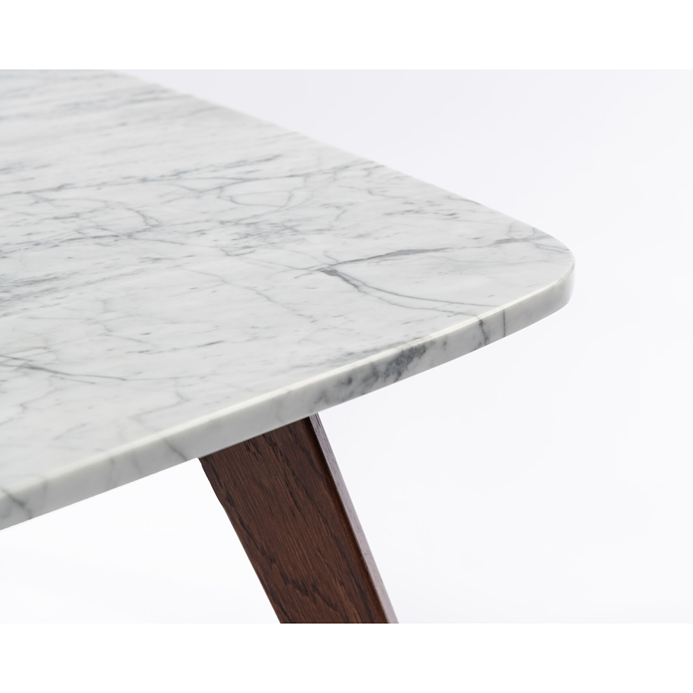 Vezzana 31" Square Italian Carrara White Marble Coffee Table with Walnut Legs. Picture 4
