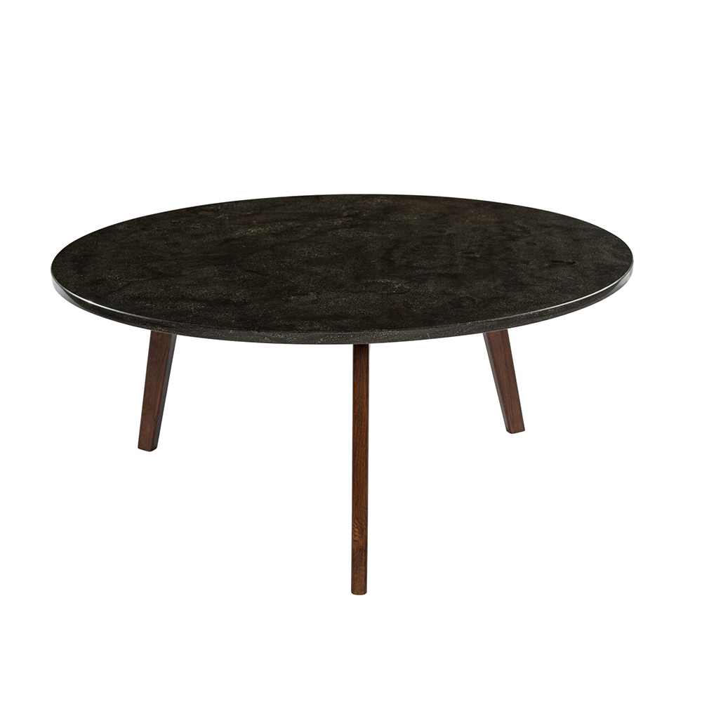 Stella 31" Round Italian Black Marble Coffee Table with Walnut Legs. Picture 1