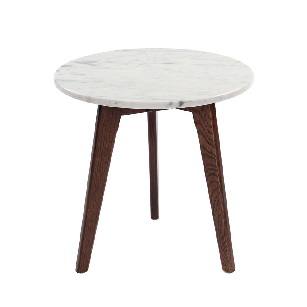 Cherie 15" Round Italian Carrara White Marble Side Table with Walnut Legs. The main picture.