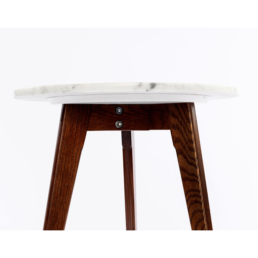 Cherie 15" Round Italian Carrara White Marble Side Table with Walnut Legs. Picture 2