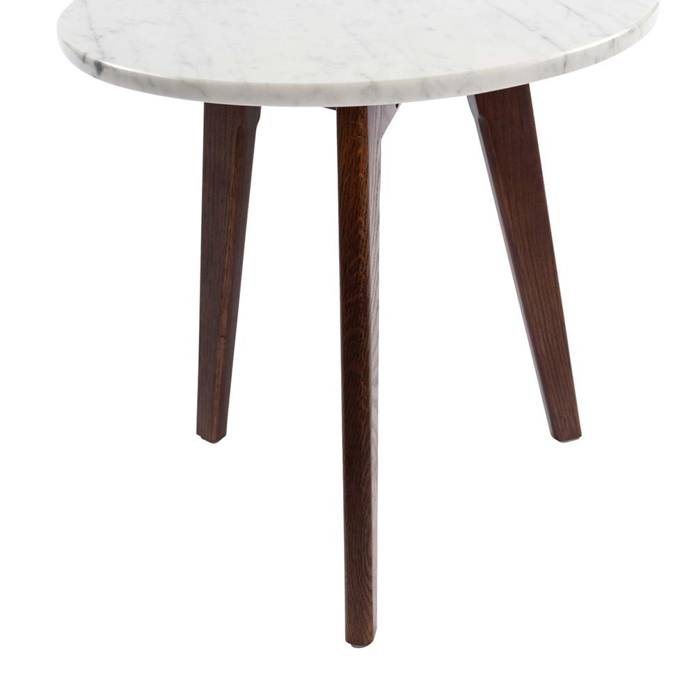 Cherie 15" Round Italian Carrara White Marble Side Table with Walnut Legs. Picture 4