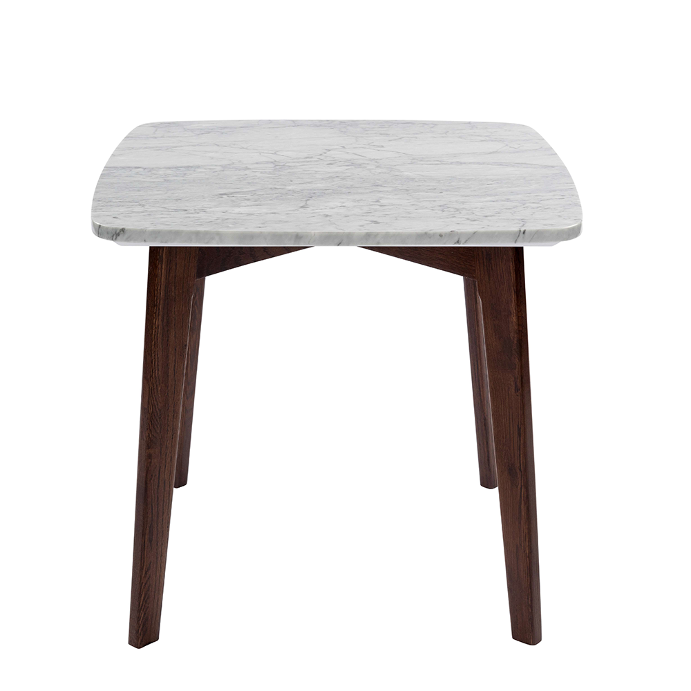 Gavia 19.5" Square Italian Carrara White Marble Side Table with Walnut Legs. Picture 1
