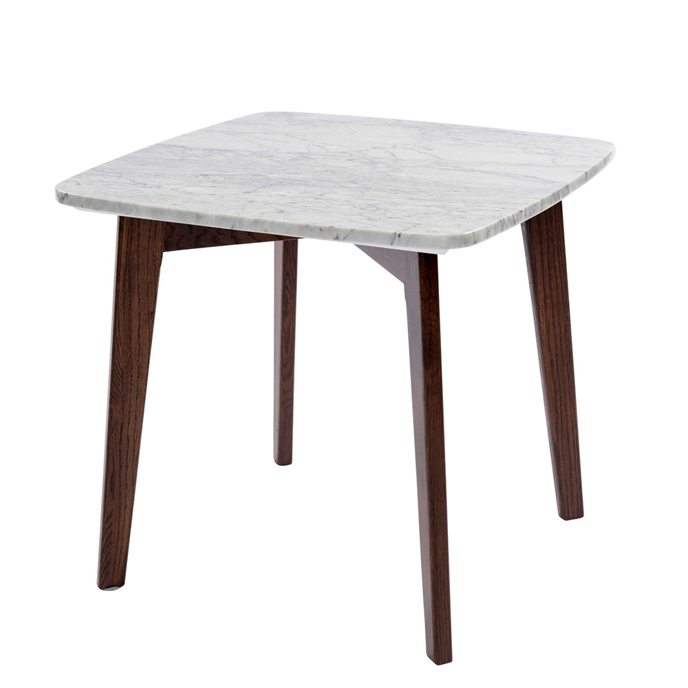 Gavia 19.5" Square Italian Carrara White Marble Side Table with Walnut Legs. Picture 2