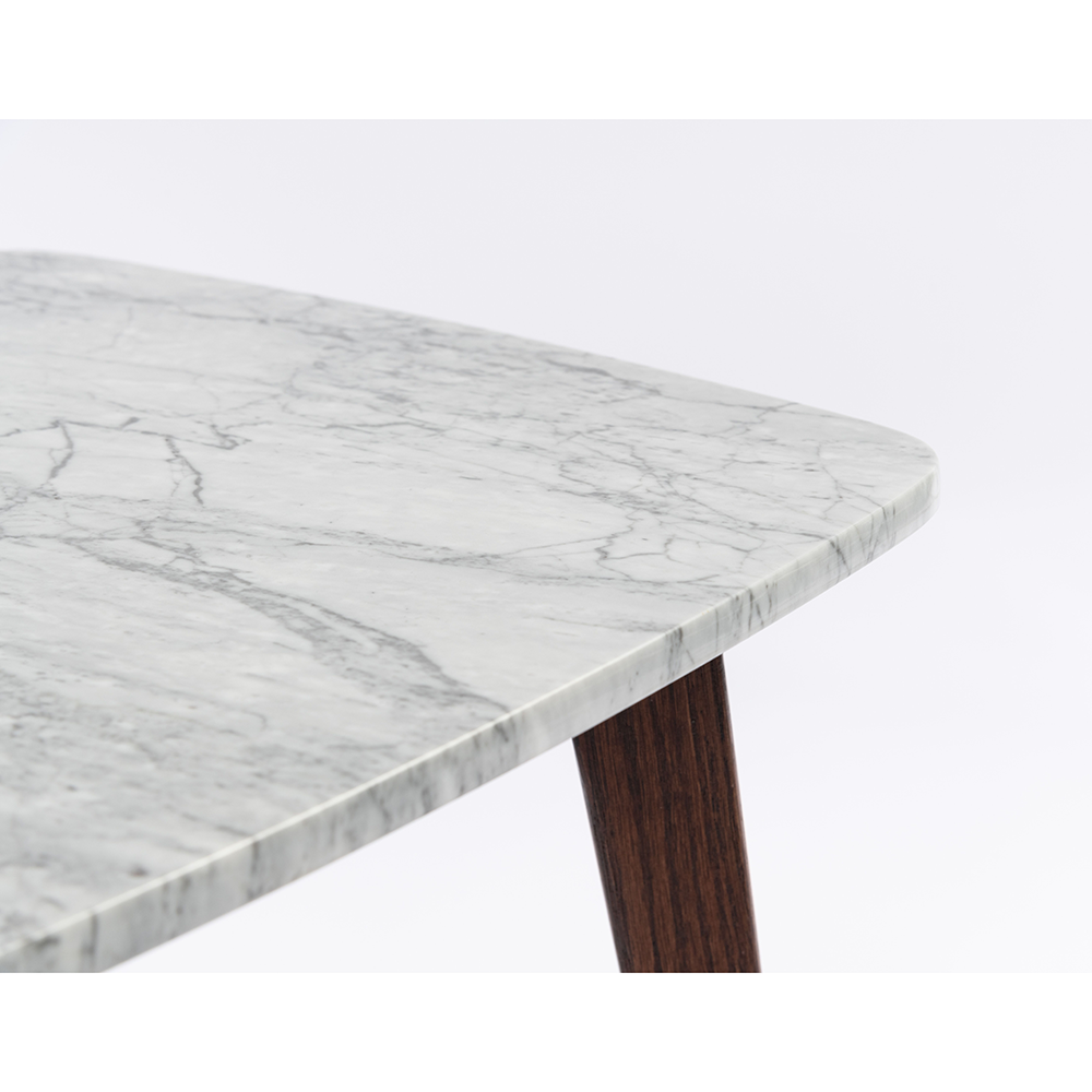 Gavia 19.5" Square Italian Carrara White Marble Side Table with Walnut Legs. Picture 3