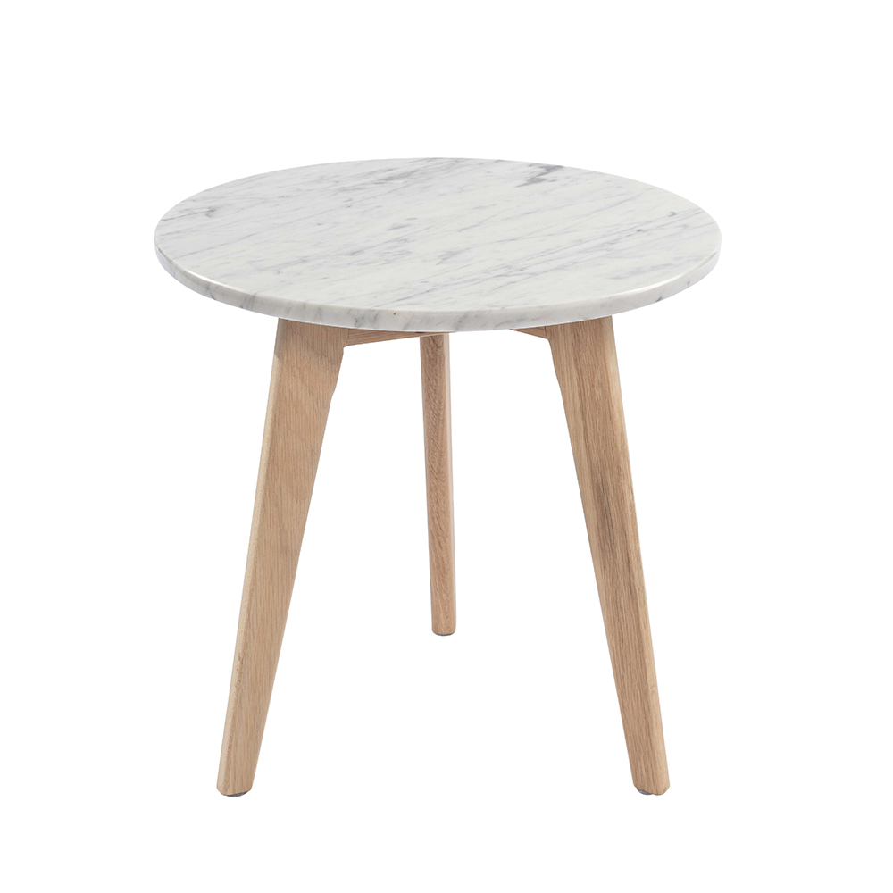 Cherie 15" Round Italian Carrara White Marble Side Table with Oak Legs. Picture 2