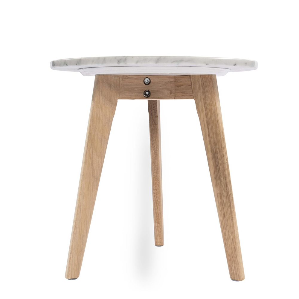 Cherie 15" Round Italian Carrara White Marble Side Table with Oak Legs. Picture 1