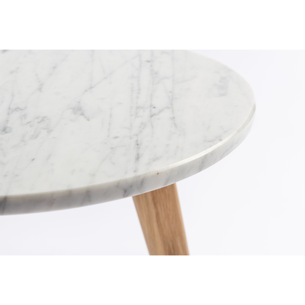 Cherie 15" Round Italian Carrara White Marble Side Table with Oak Legs. Picture 5
