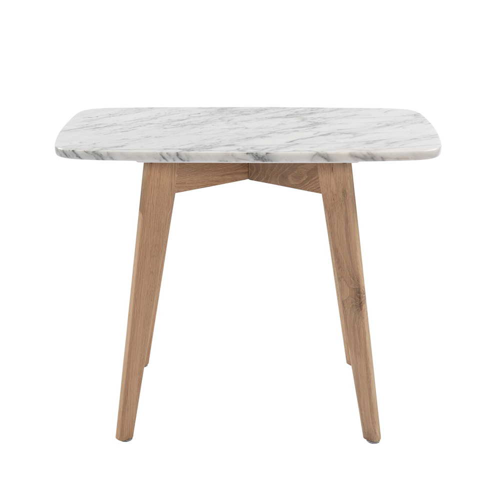 Cima 12" x 21" Rectangular Italian Carrara White Marble Side Table with Oak Legs. Picture 1