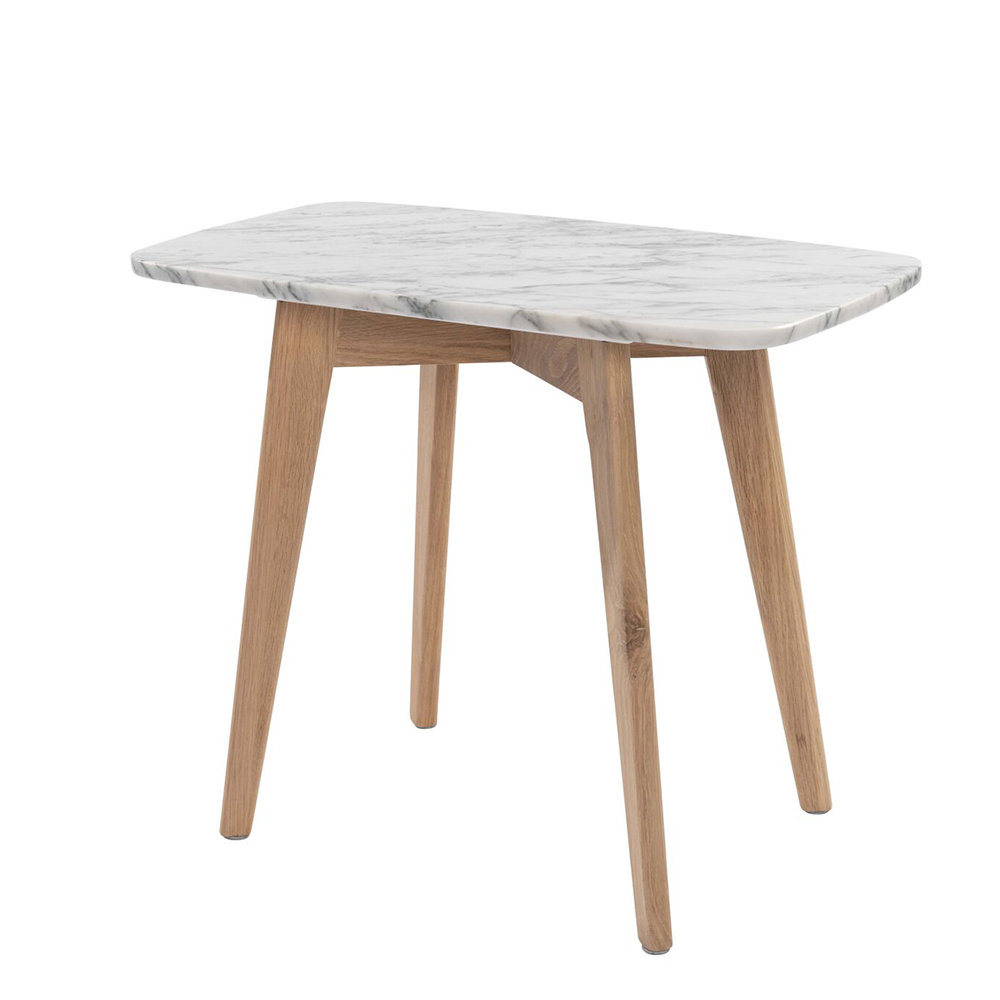 Cima 12" x 21" Rectangular Italian Carrara White Marble Side Table with Oak Legs. Picture 2